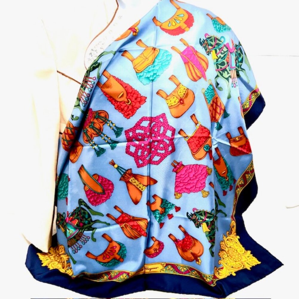 Salvatore Ferragamo Silk Scarf Satin blue gold green pink Carousel hourse (42) - Picture 4 of 9